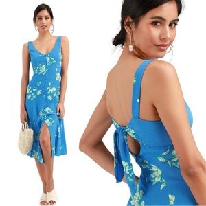 Lulus Hanna Blue Floral Print Tie-Back Midi Dress Large